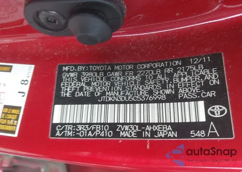 2012 Toyota Prius Two z USA, uszkodzony, nr VIN JTDKN3DU5C5376998